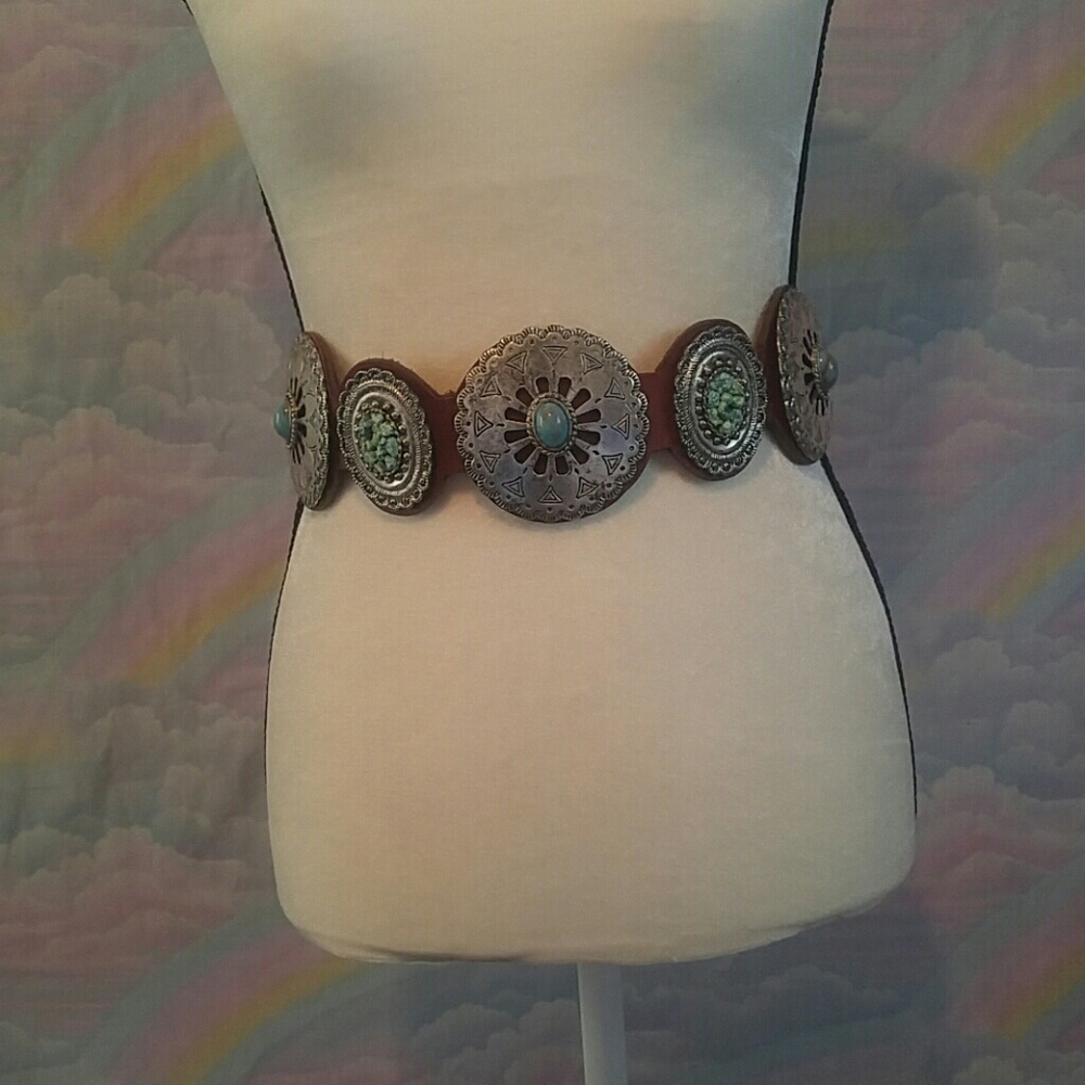 Leatherock Silver Faux Turquoise Medallion Belt